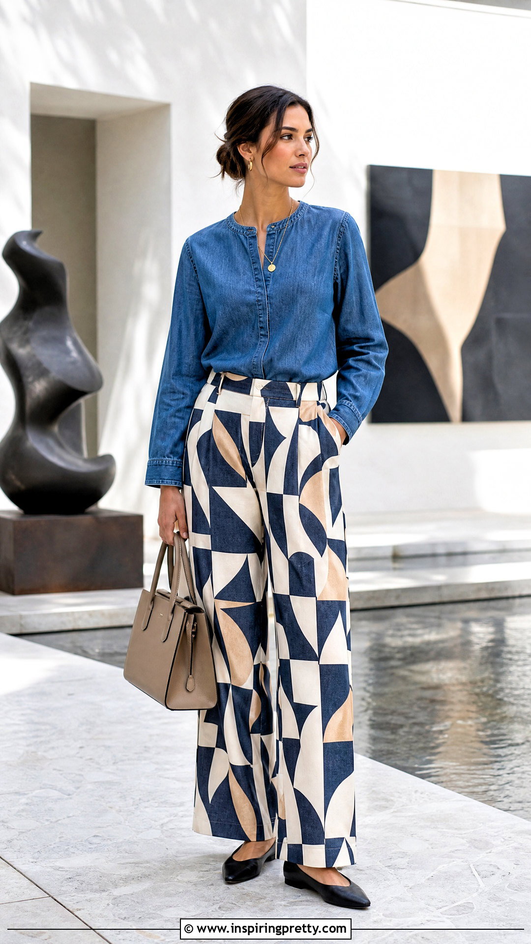 Collarless Denim Top With Printed Pants Outfit - 50 denim tops outfit ideas for women