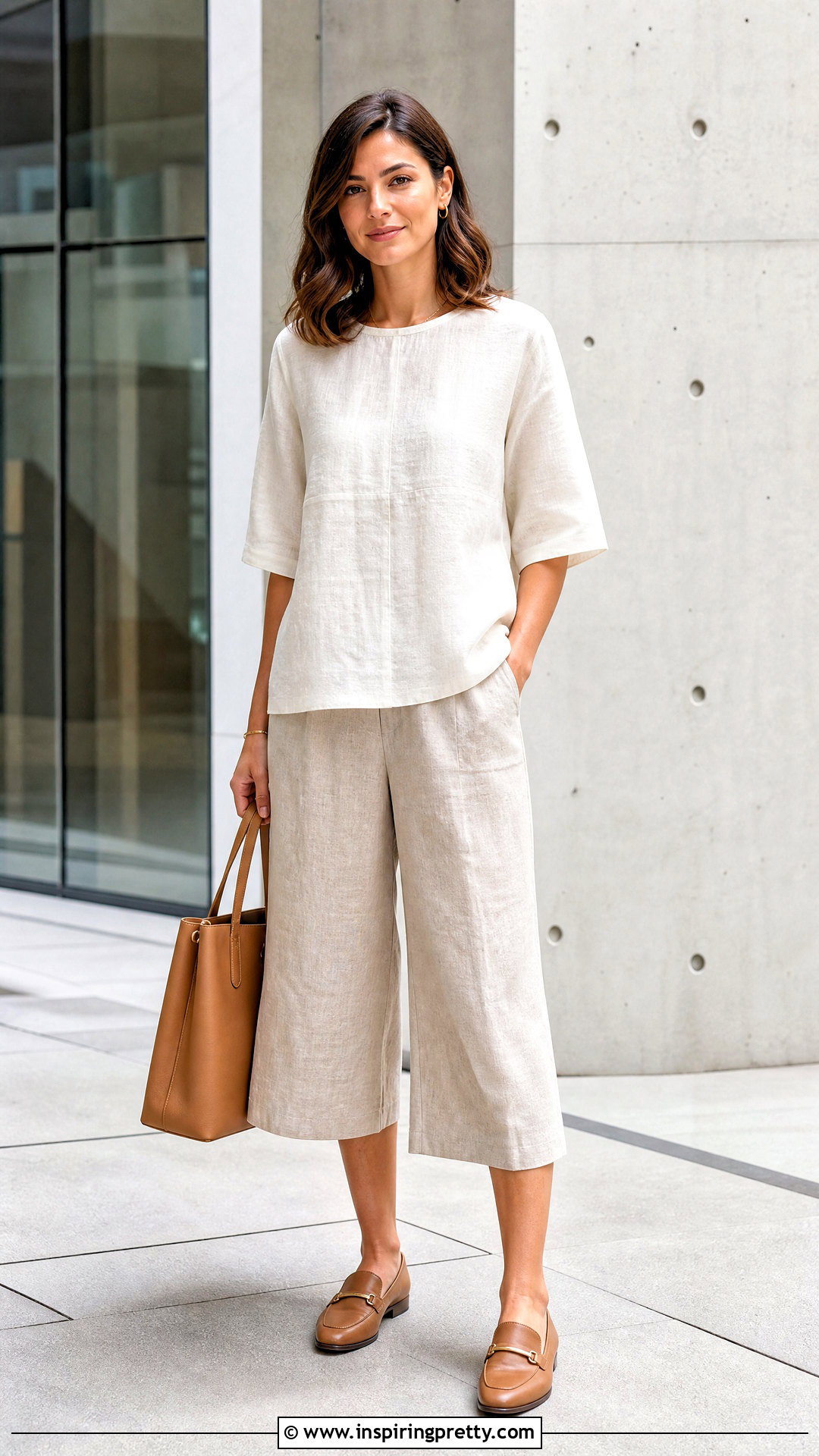 Collarless Linen Top With Culotte Pants - 50 modest summer tops outfit ideas