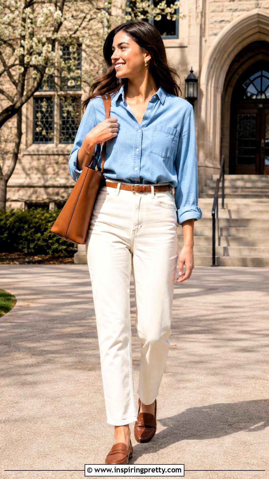 College Denim Shirt and White Jeans Outfit - 25 College Top Outfit ideas