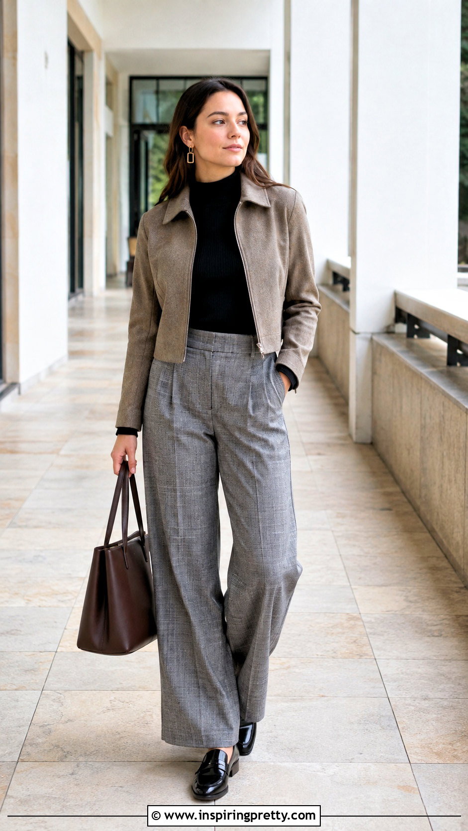 College Mock Neck Top and Plaid Pants Outfit - 25 College Top Outfit ideas