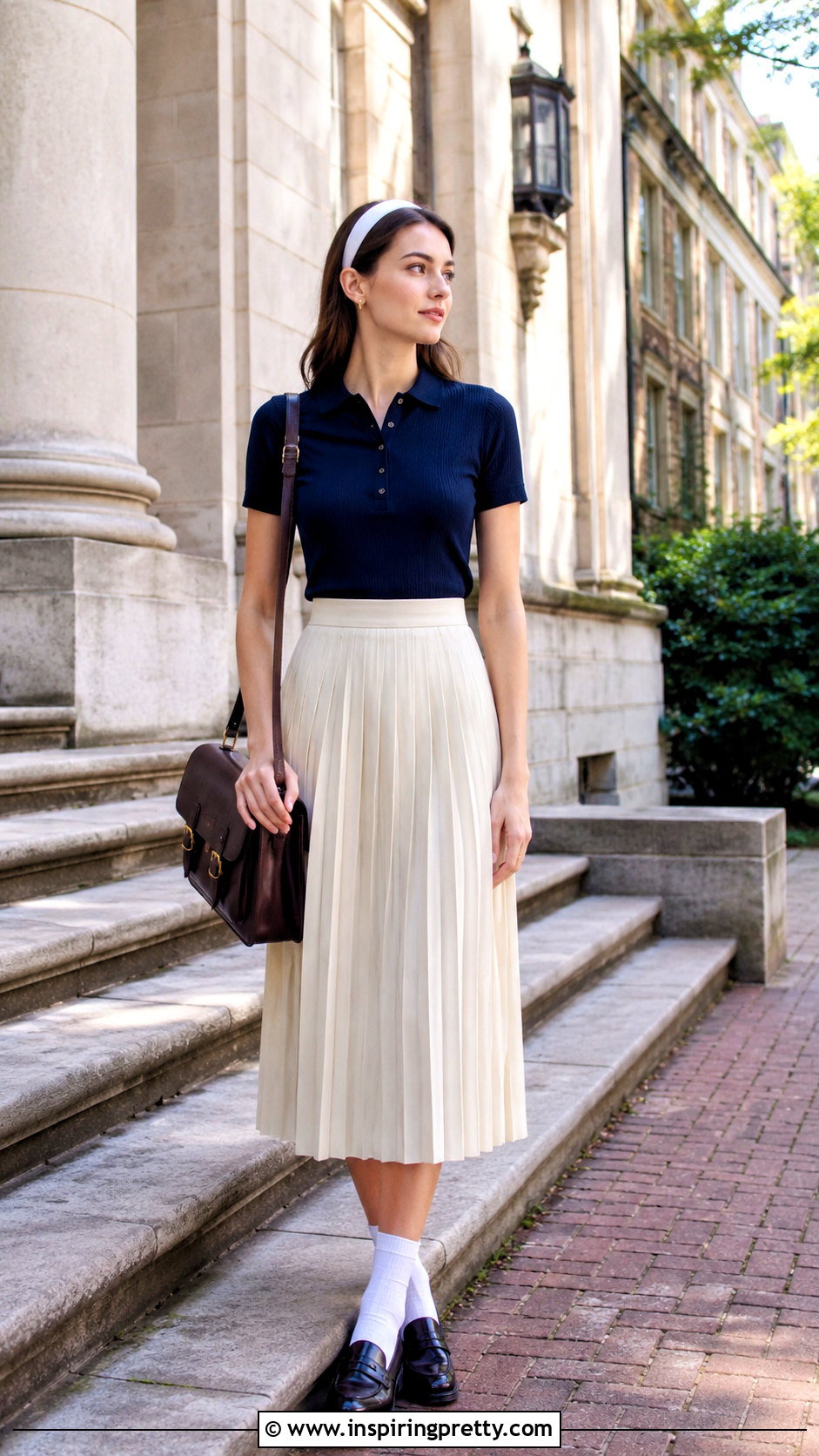 College Polo Shirt and Pleated Skirt Outfit - 25 College Top Outfit ideas
