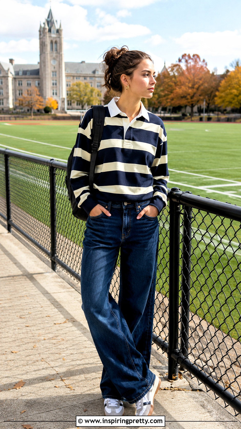 College Rugby Shirt and Loose Fit Jeans Outfit - 25 College Top Outfit ideas