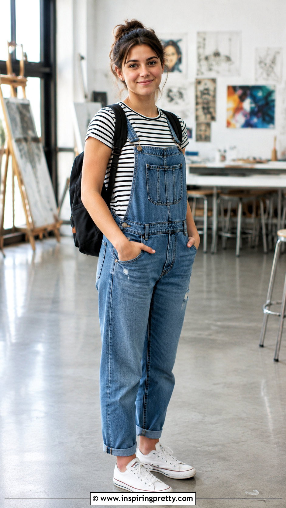 College Striped T Shirt and Denim Overalls Outfit - 25 College Top Outfit ideas