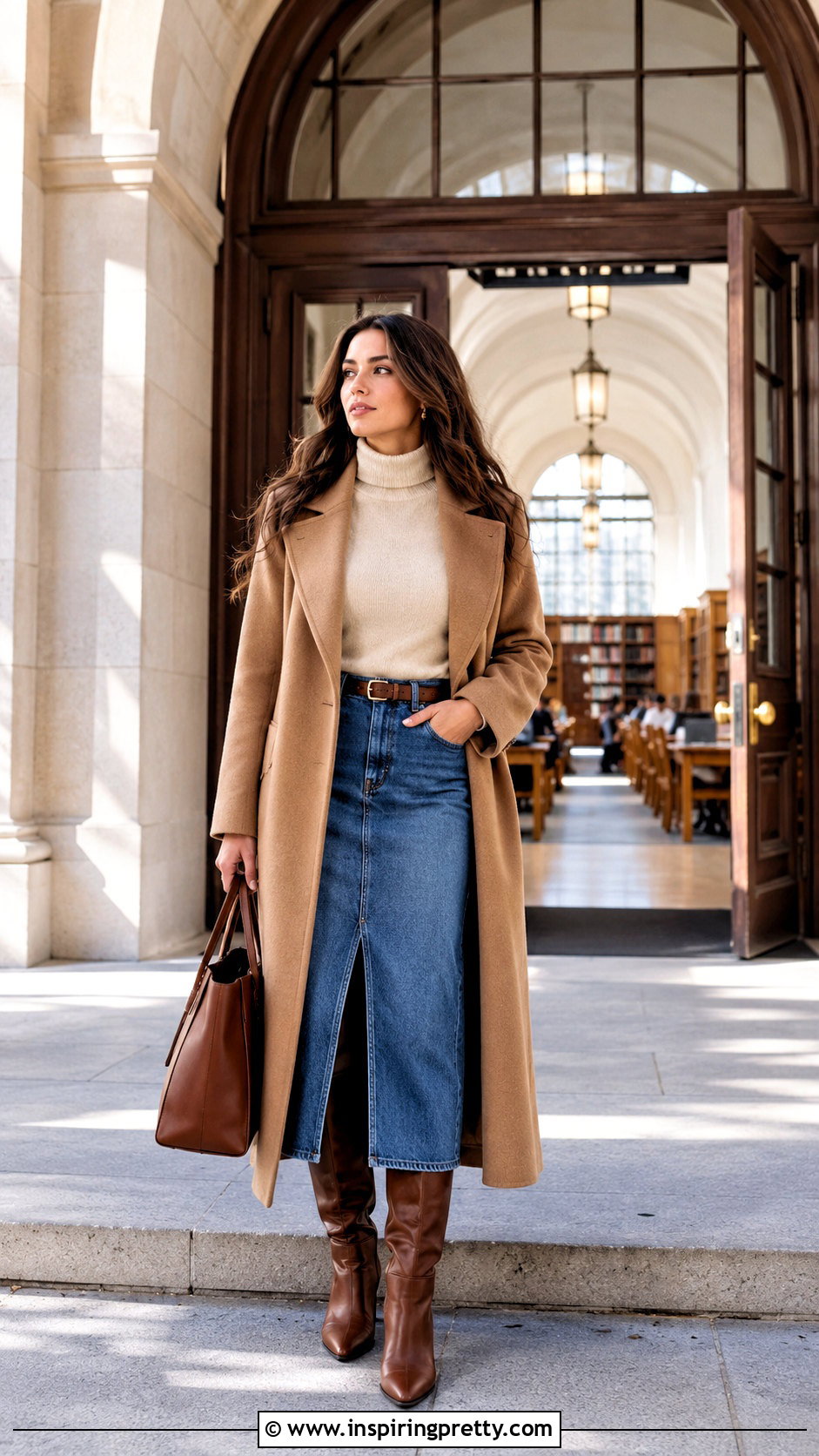 College Turtleneck and Denim Midi Skirt Outfit - 25 College Top Outfit ideas