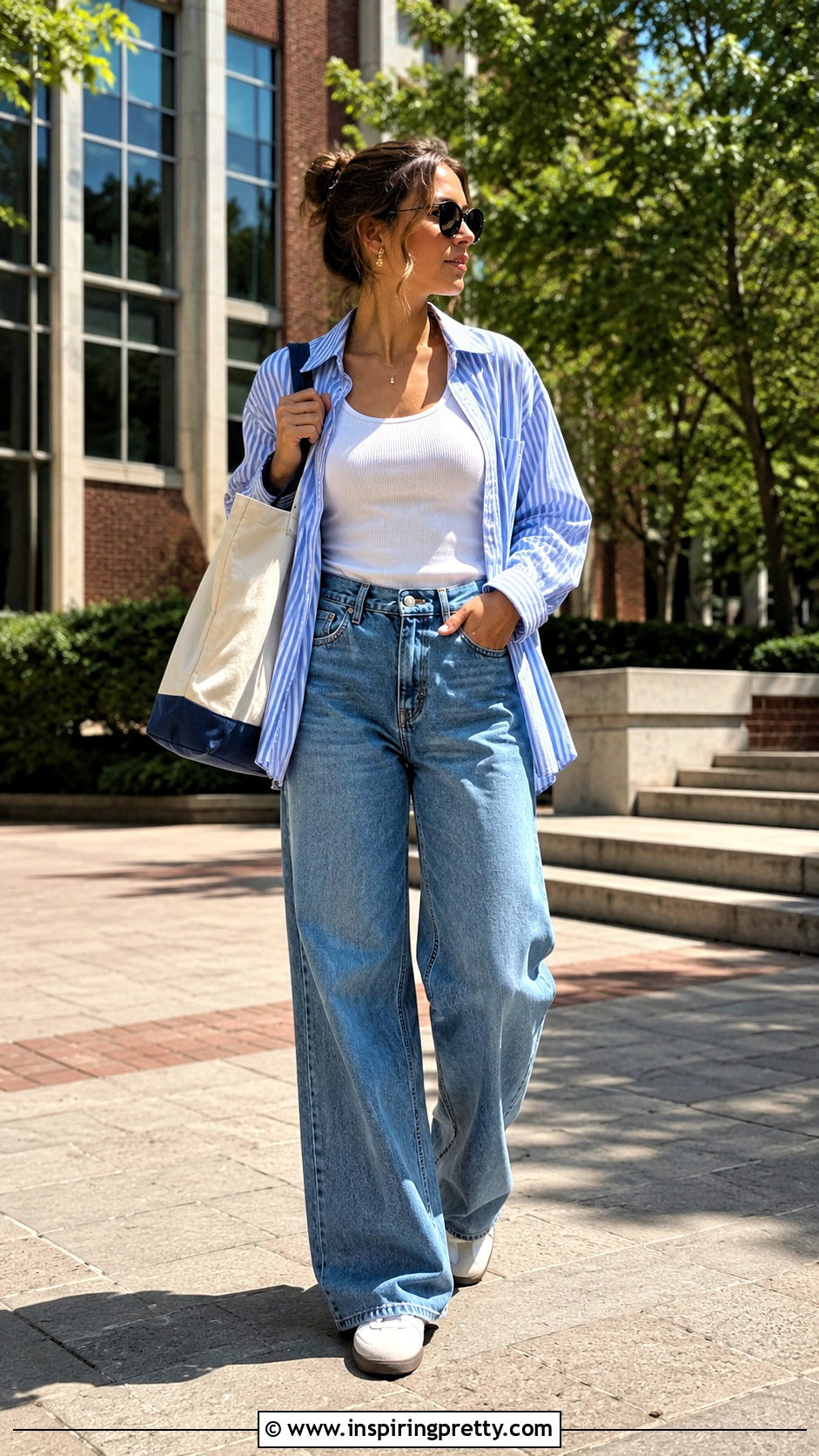 College White Tank Top and Wide Leg Jeans Outfit - 25 College Top Outfit ideas