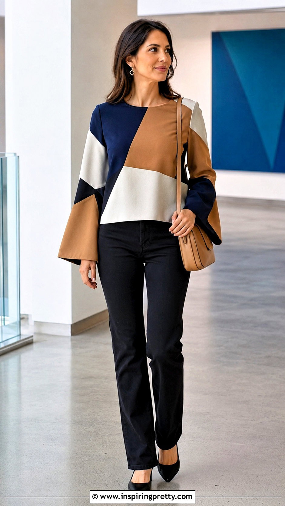 Color Block Bell Sleeve Top With Neutral Jeans - 50 bell sleeve top outfit ideas