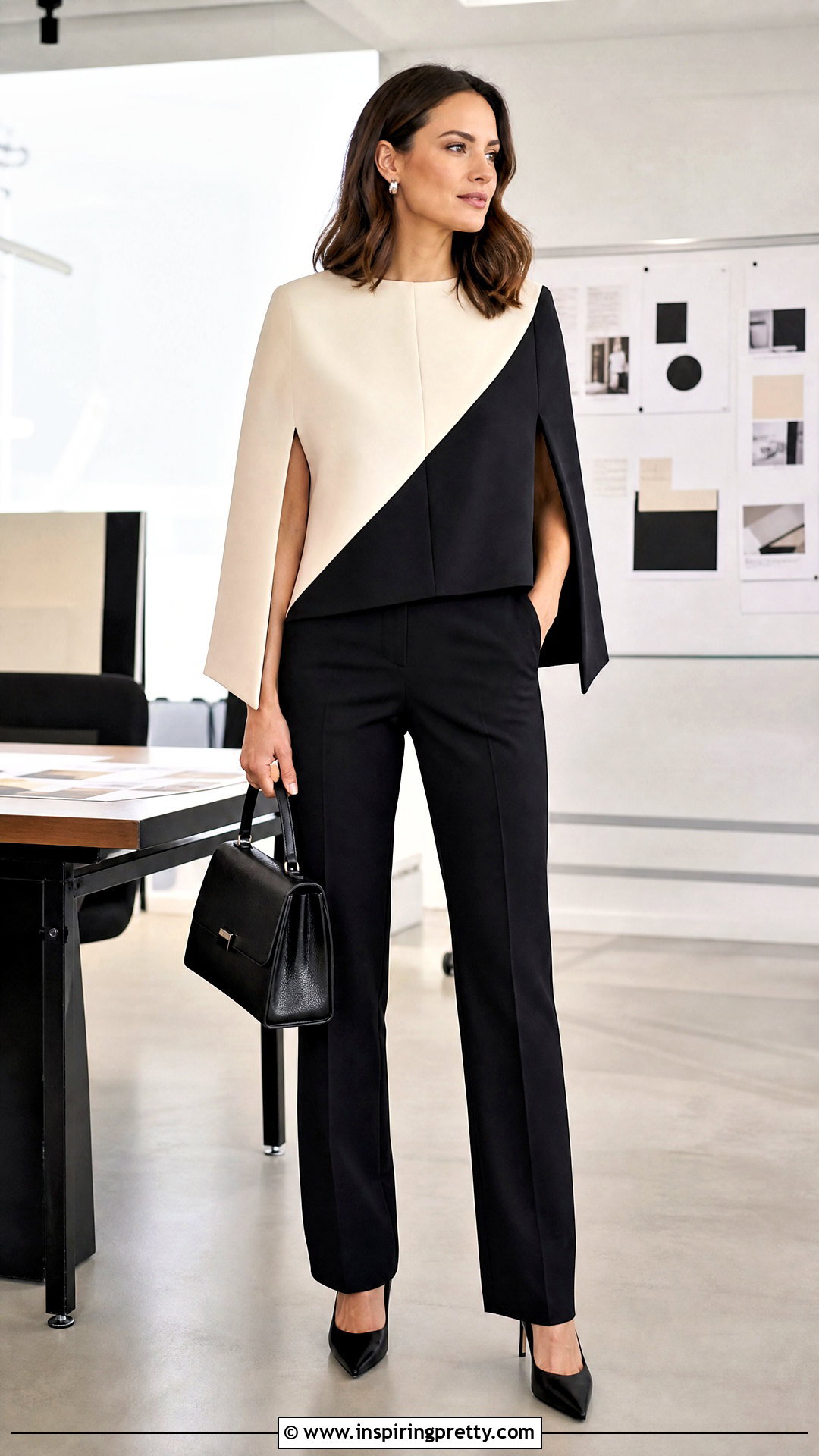 Color Block Cape Top With Neutral Pants - 50 Cape Top outfit ideas