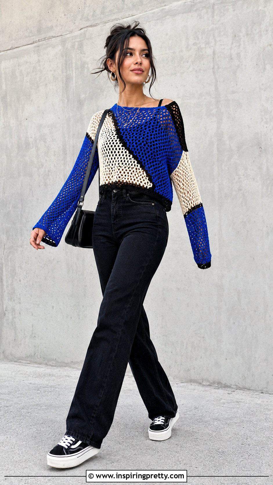 Color Block Crochet Mesh Top With Black Jeans - 50 mesh top crochet ideas