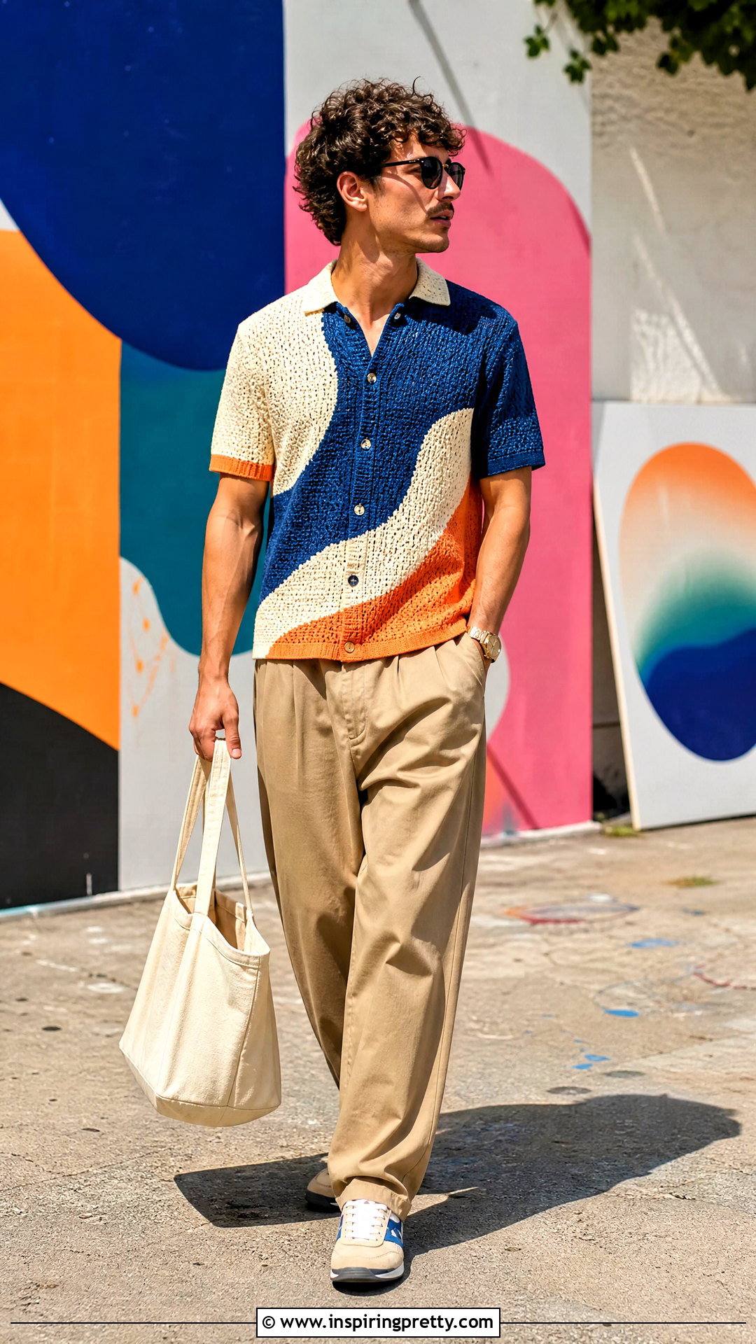 Color Block Crochet Top With Neutral Pants - 20 crochet tops for men