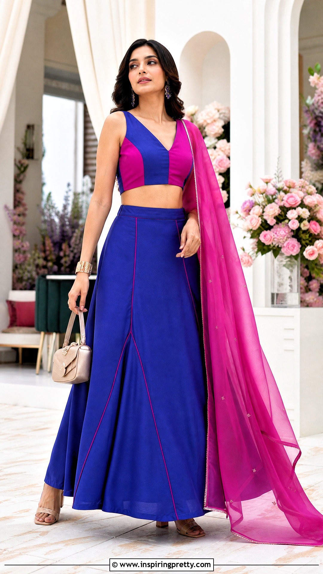 Color Block Crop Top Blouse With Lehenga - 50 latest crop top blouse designs