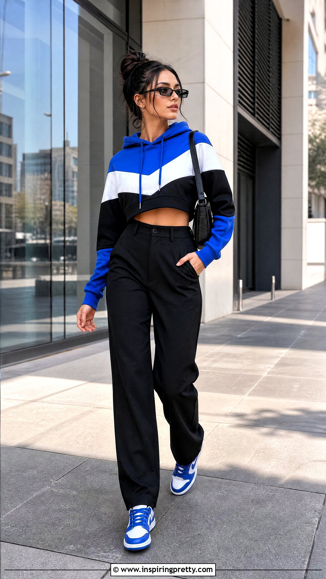 Color Block Crop Top Hoodie With Neutral Pants - 50 crop top hoodie outfit ideas