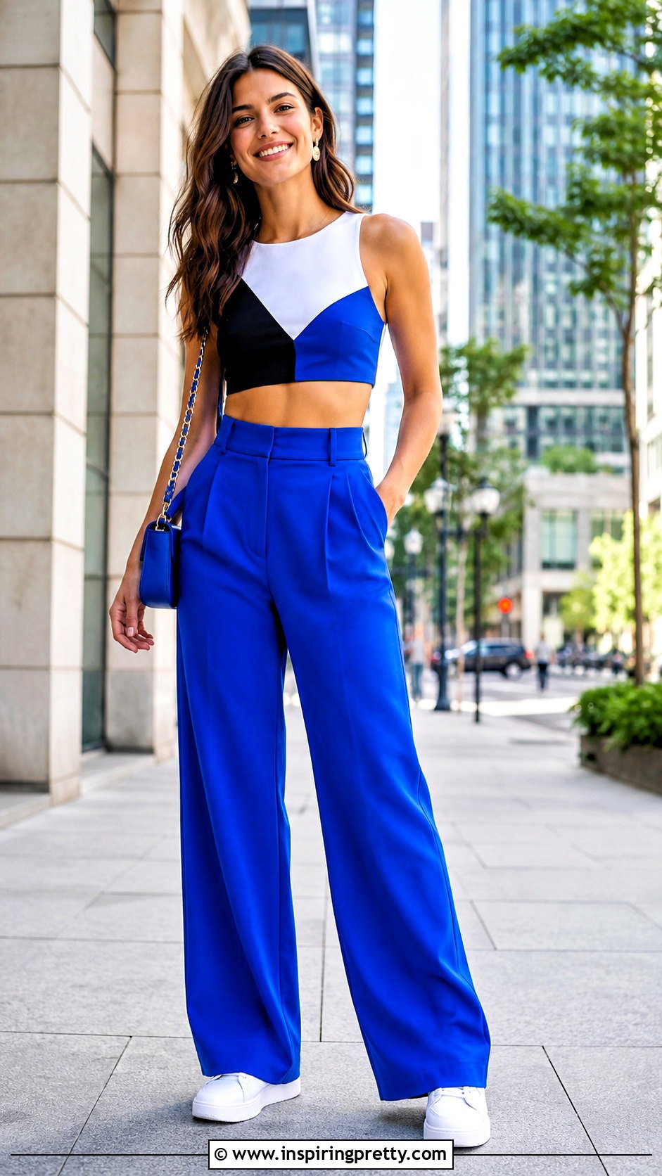 Color Block Crop Top With Wide Leg Pants - 50 crop top ideas