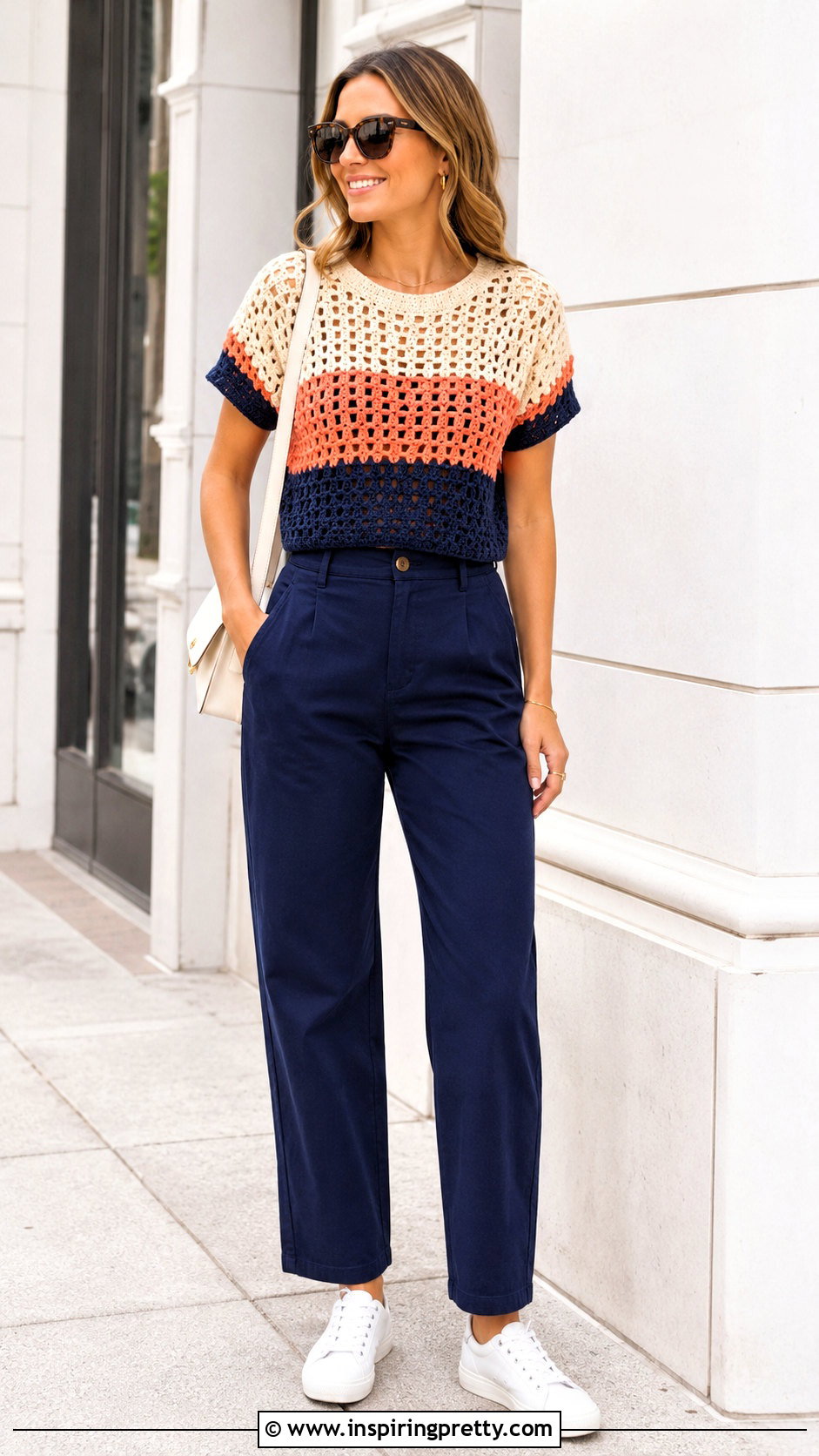 Color Block Filet Crochet Top With Straight Pants - 50 filet crochet top outfit ideas