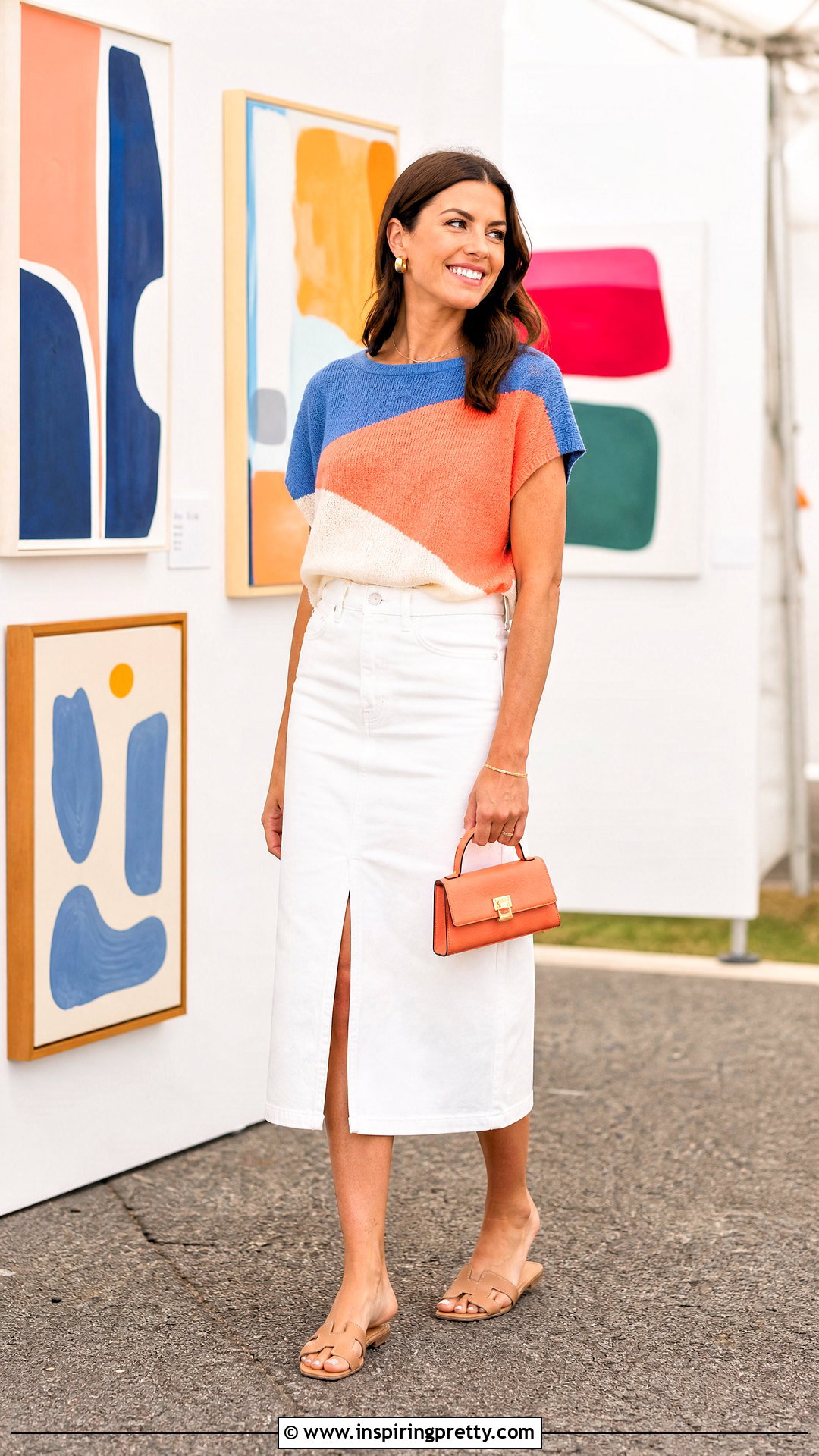 Color Block Knit Top With White Skirt - 50 summer knit tops outfit ideas