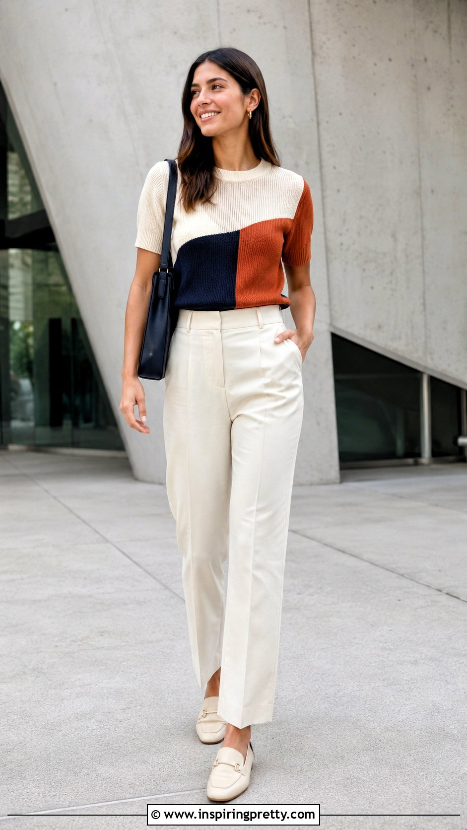 Color Block Knitted Top With Neutral Pants - 50 knitted summer tops outfit ideas