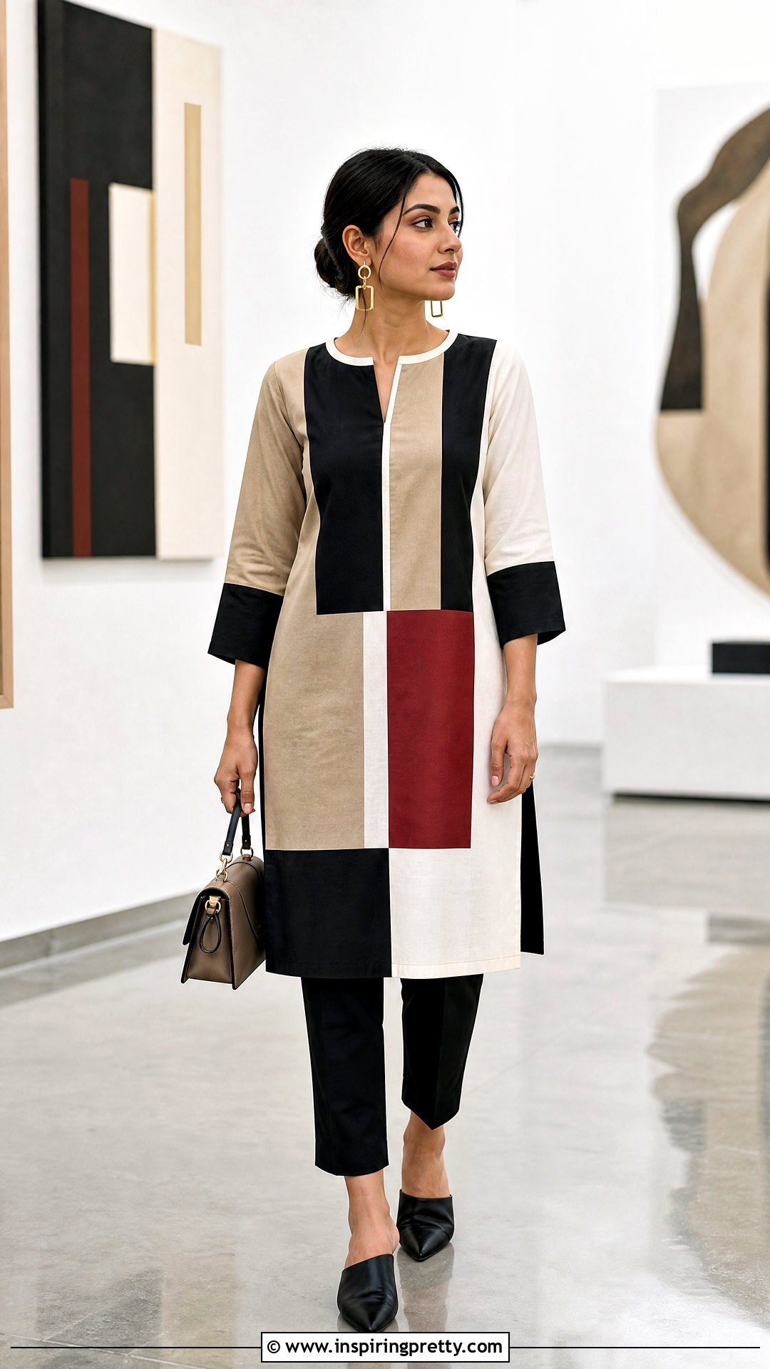 Color Block Kurti Top With Ankle Pants - 50 kurti top outfit ideas