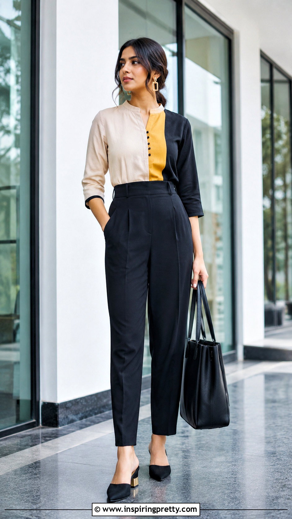Color Block Kurti With Tailored Trousers - 50 kurti tops outfit ideas