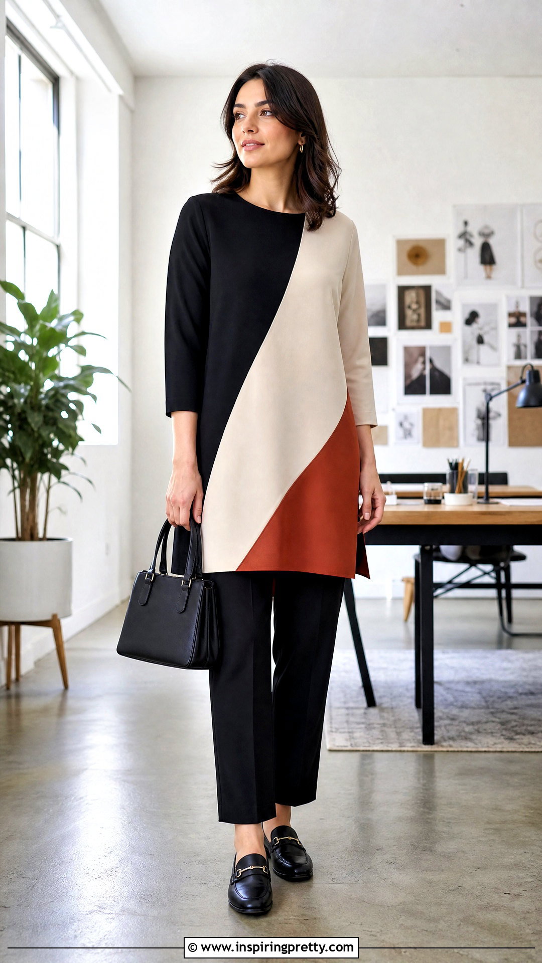 Color Block Long Top With Black Trousers - 50 long tops designs