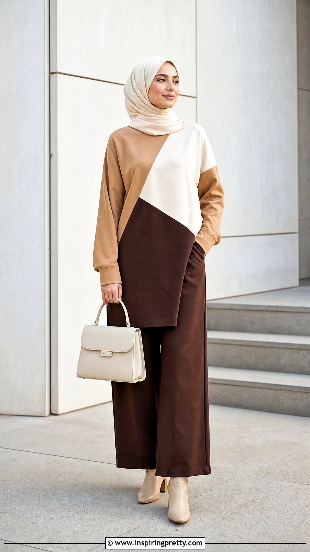 Color Block Long Top With Wide Leg Trousers - 50 long tops designs for muslims