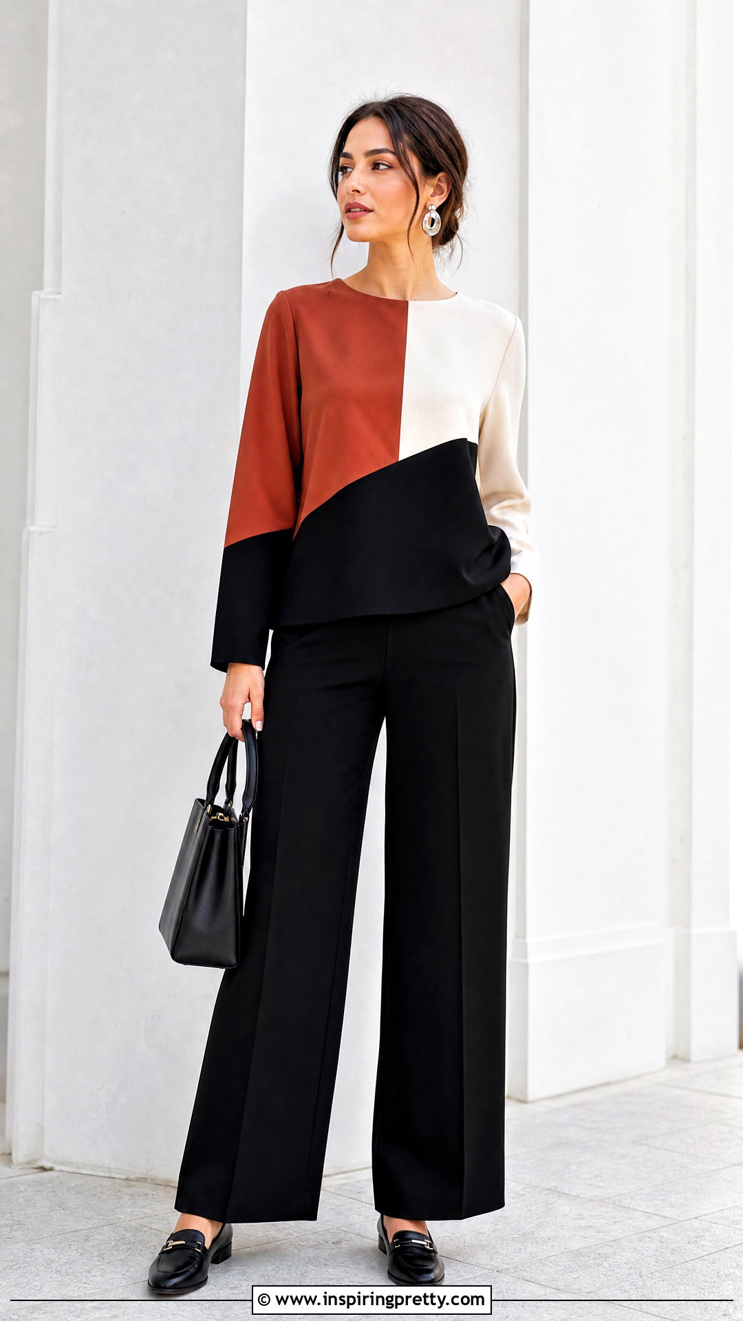 Color Block Modest Top With Black Trousers - 50 modest tops for women