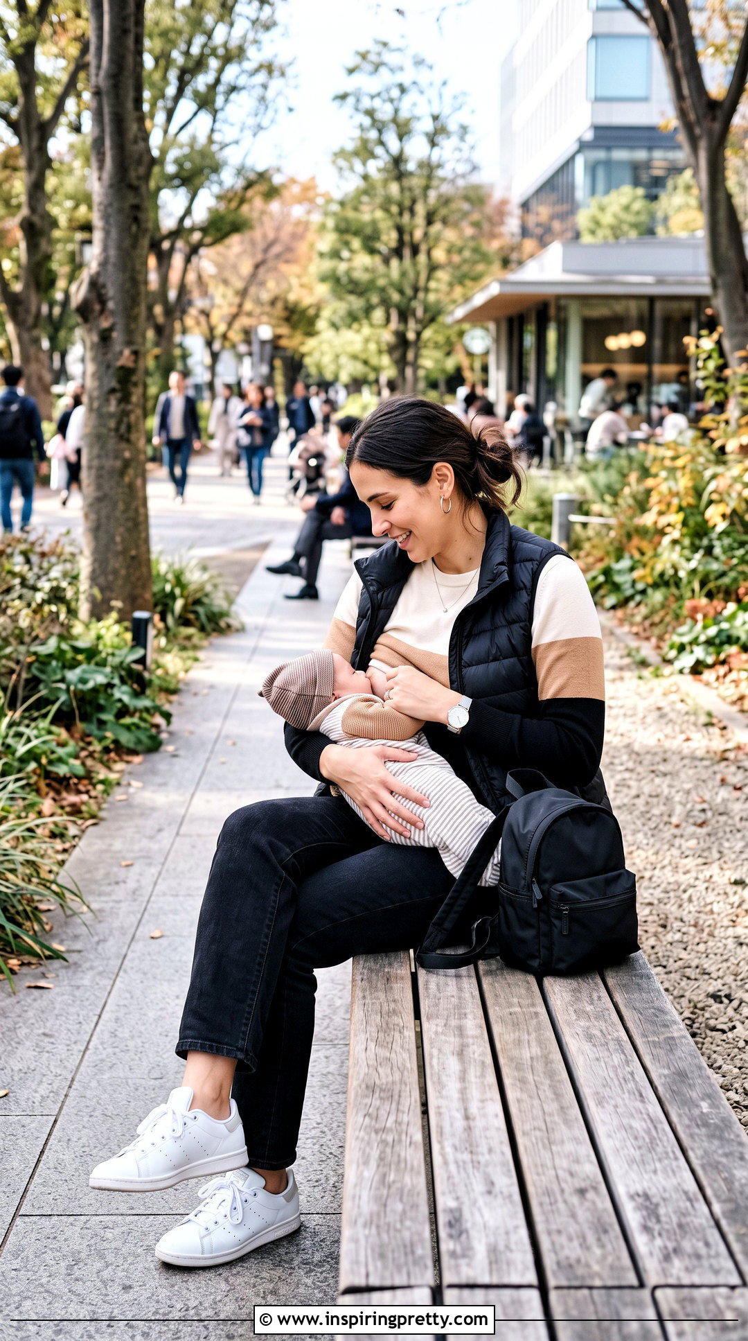 Color Block Nursing Top With Black Jeans - 20 Cute Breastfeeding Tops outfit ideas