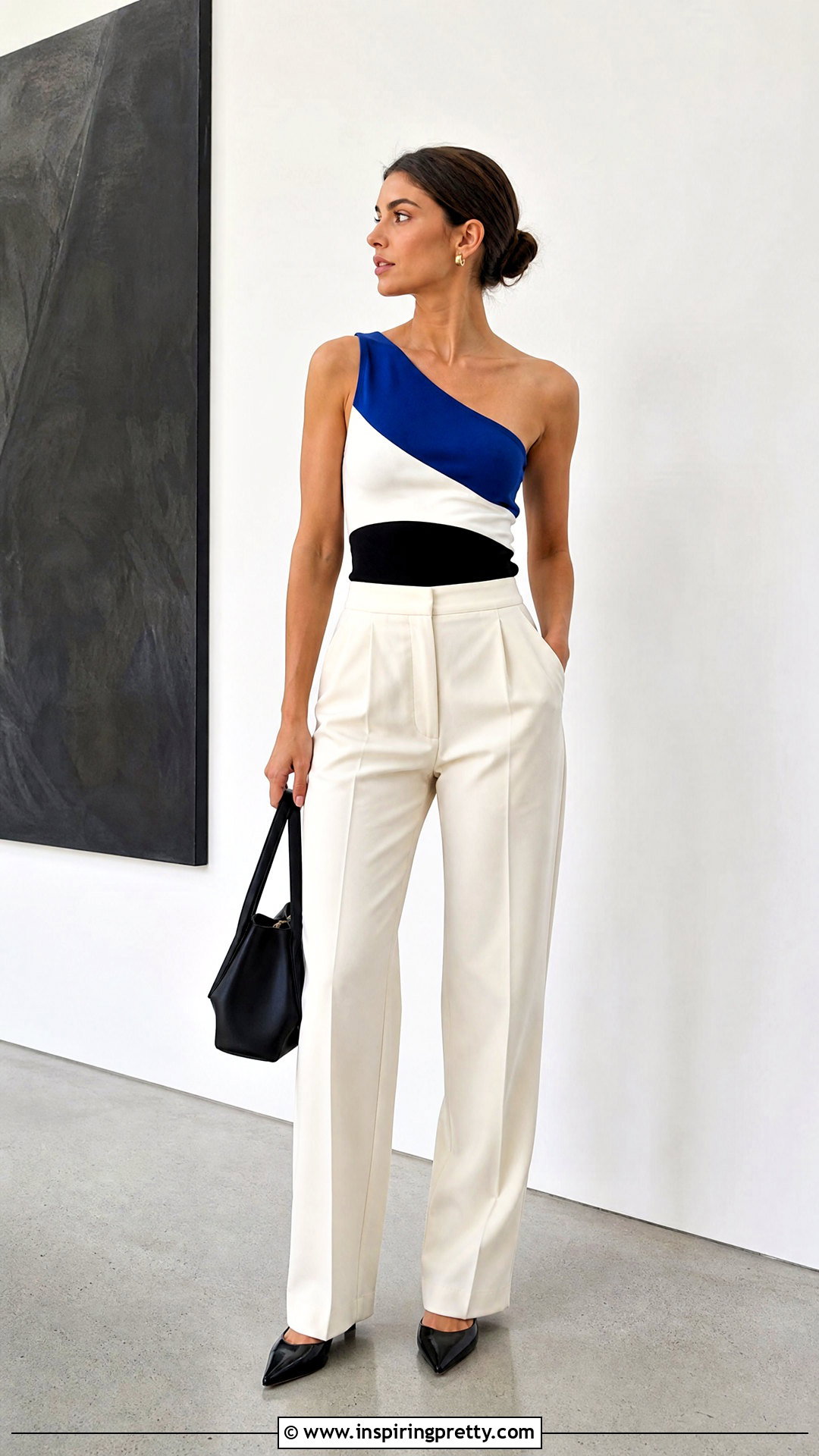 Color Block One Shoulder Top With Neutral Pants - 50 one off shoulder top outfit ideas