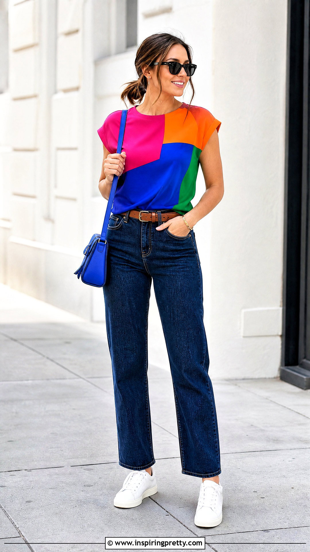 Color Block Patterned Top With Dark Wash Jeans - 20 Colorful Patterned Top Outfit ideas