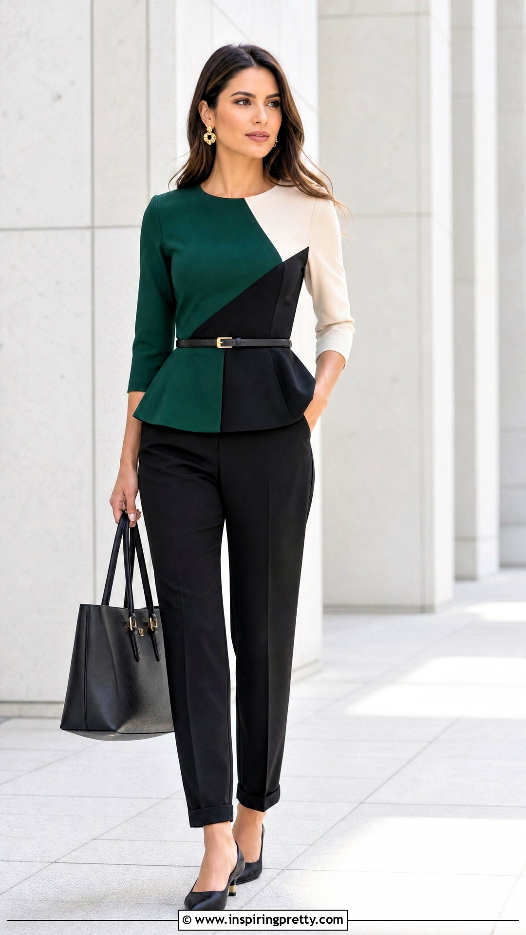 Color Block Peplum Top With Black Trousers - 20 color block peplum top outfit ideas
