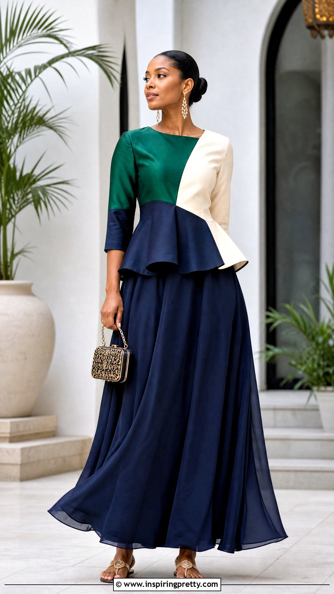 Color Block Peplum Top With Maxi Skirt - 20 color block peplum top outfit ideas