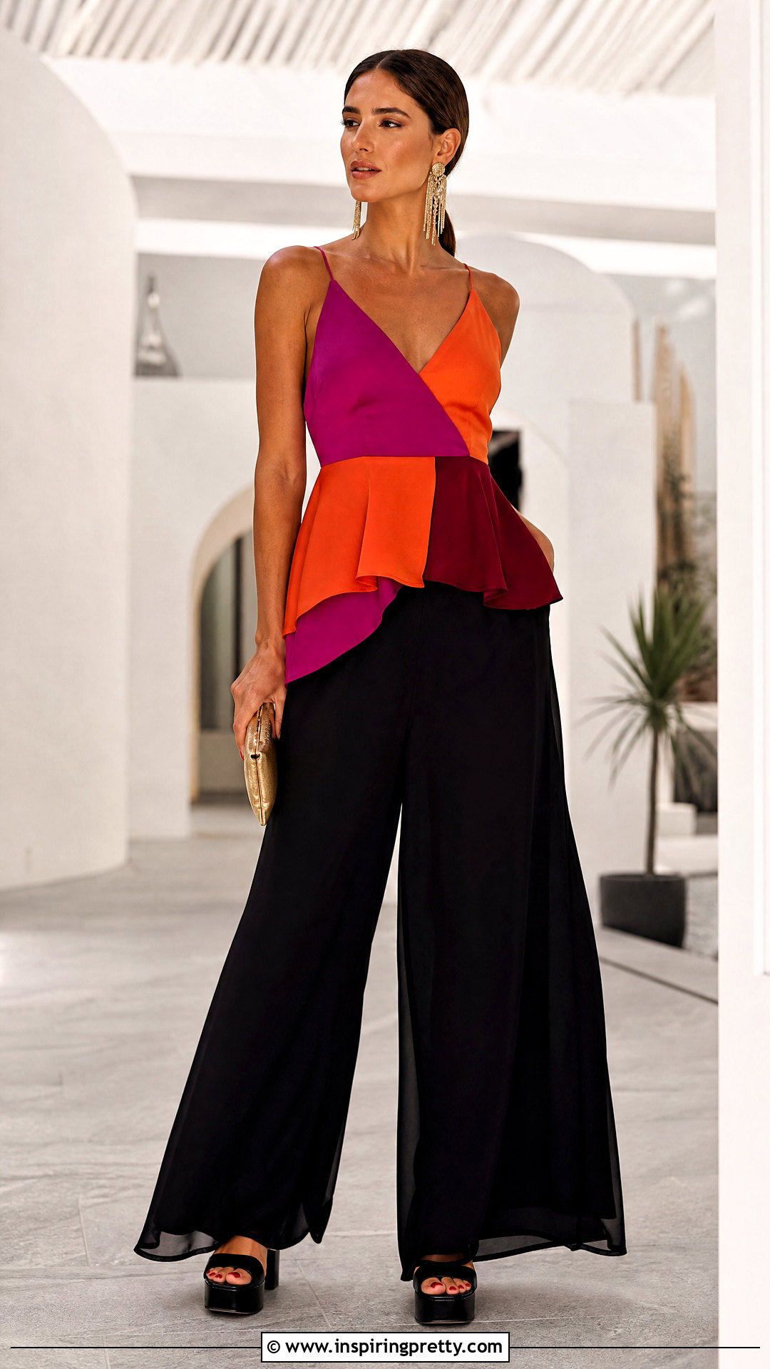Color Block Peplum Top With Palazzo Pants - 20 color block peplum top outfit ideas