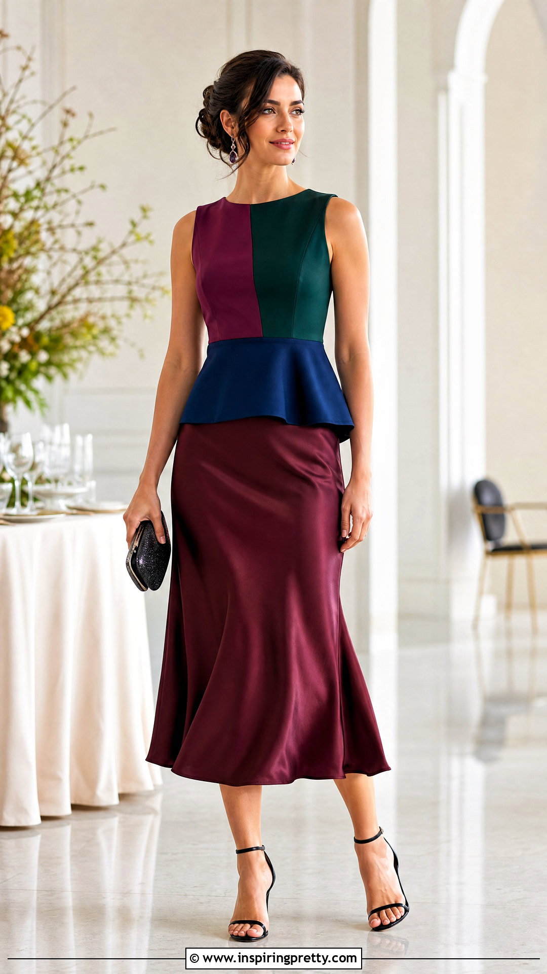 Color Block Peplum Top With Satin Midi Skirt - 20 color block peplum top outfit ideas