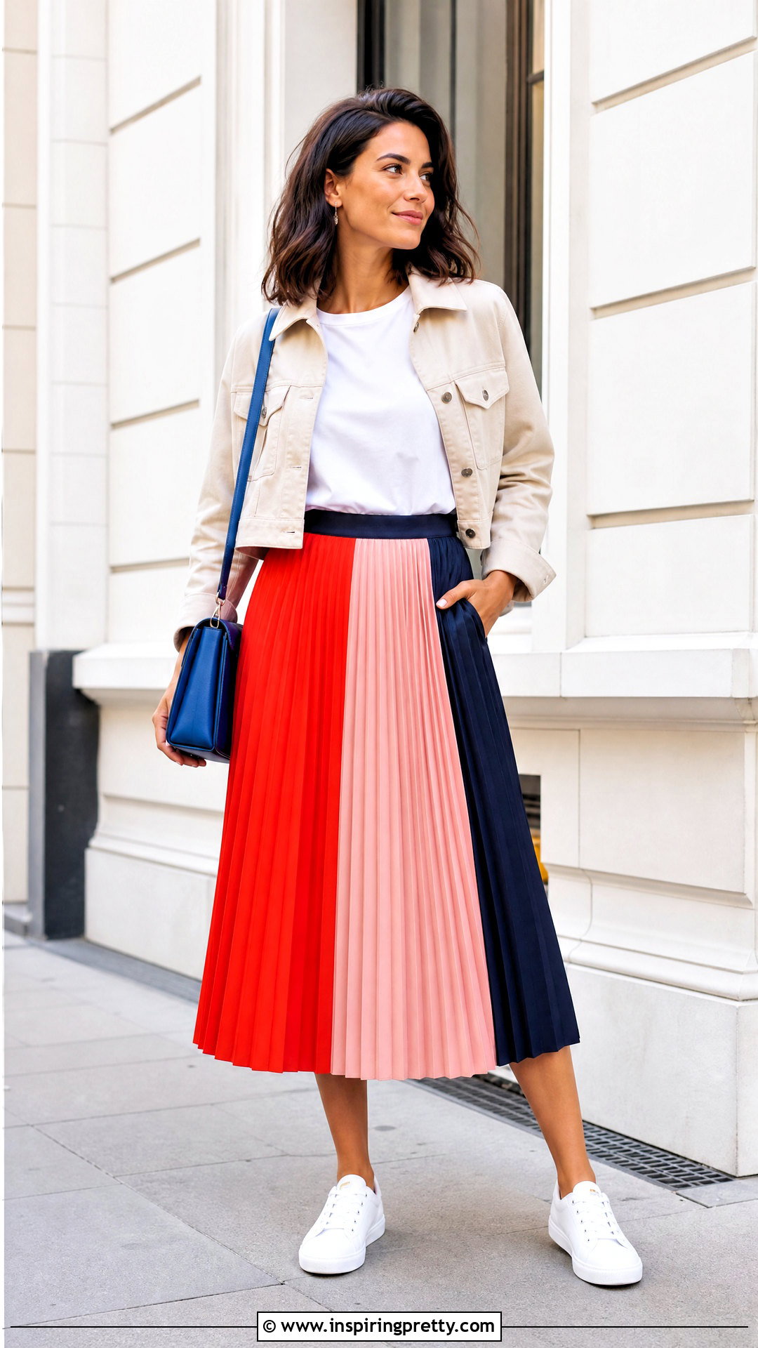 Color Block Pleated Skirt With Neutral T Shirt - 50 pleated skirt and top outfit ideas