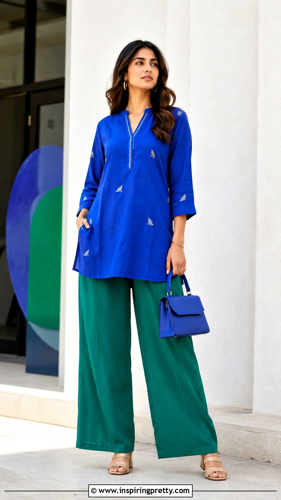 Color Block Short Kurti With Contrast Pants - 50 short kurti top outfit ideas