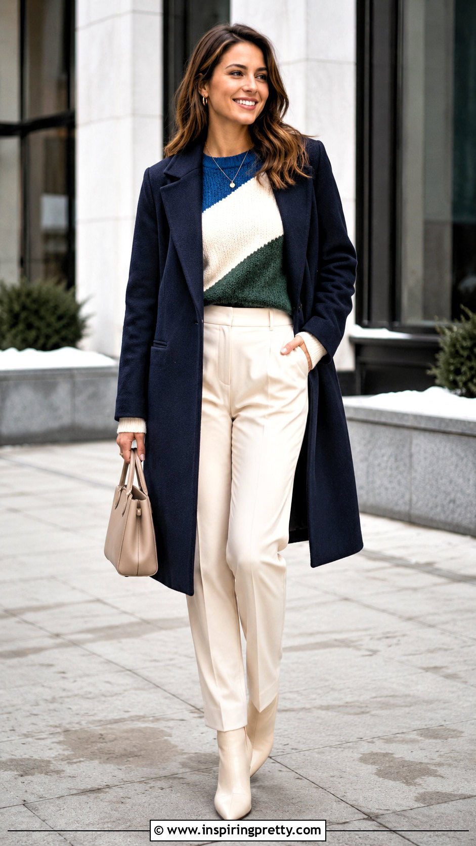 Color Block Sweater With Neutral Pants - 50 cute winter tops outfit ideas