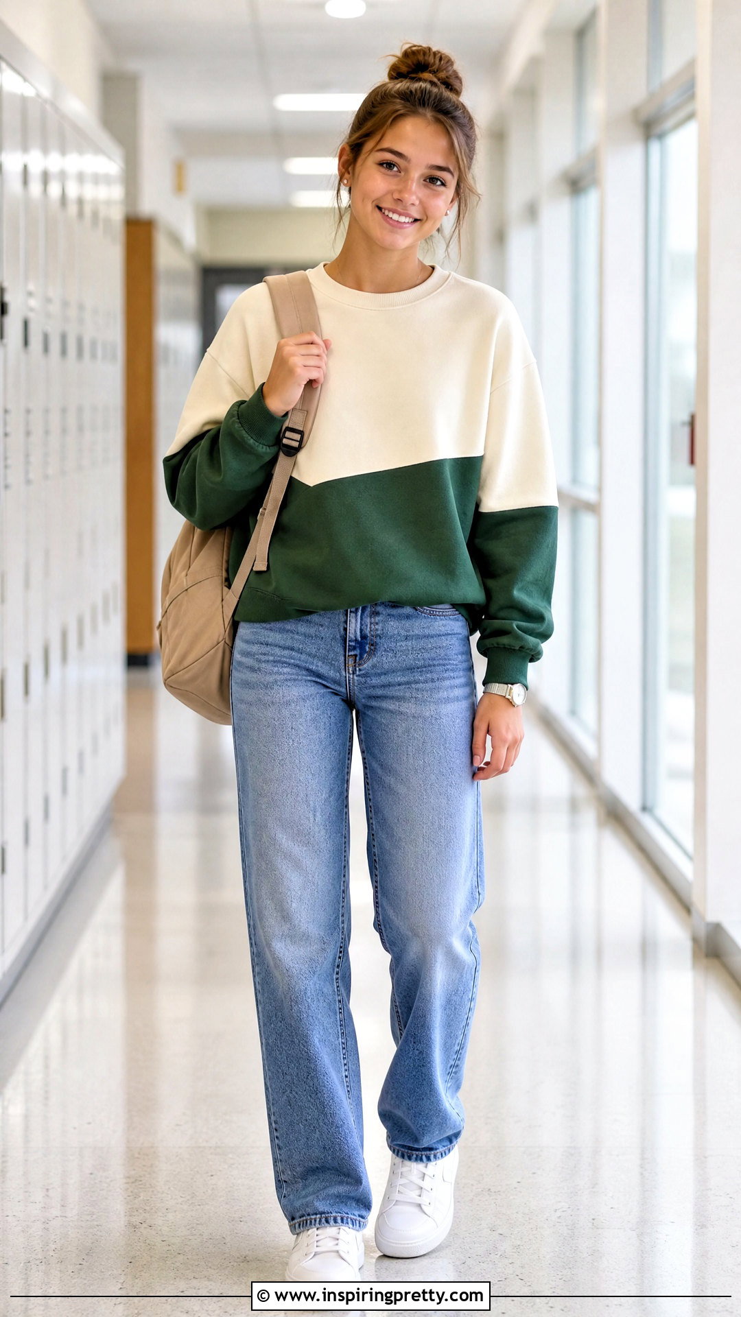 Color Block Sweatshirt And Straight Jeans Outfit - 50 cute tops for school ideas