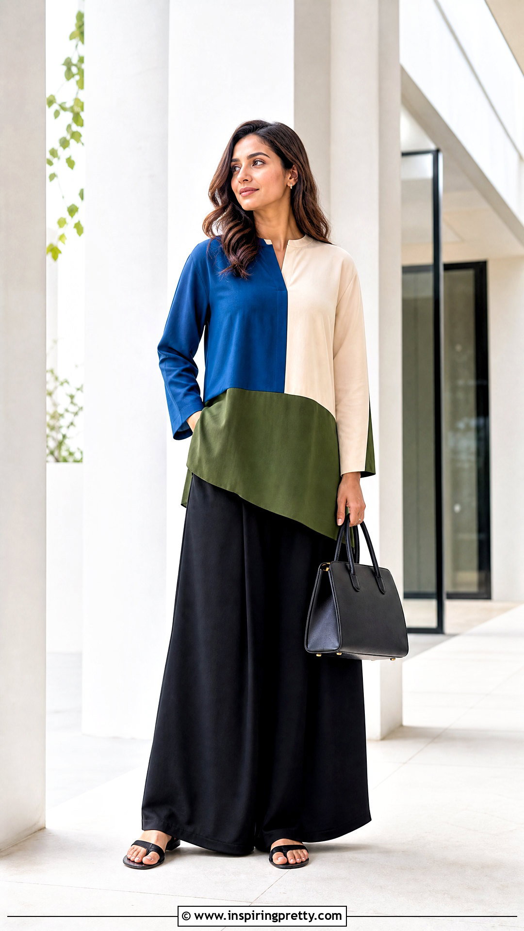 Color Block Top With Black Palazzo Pants - 50 modest summer tops outfit ideas