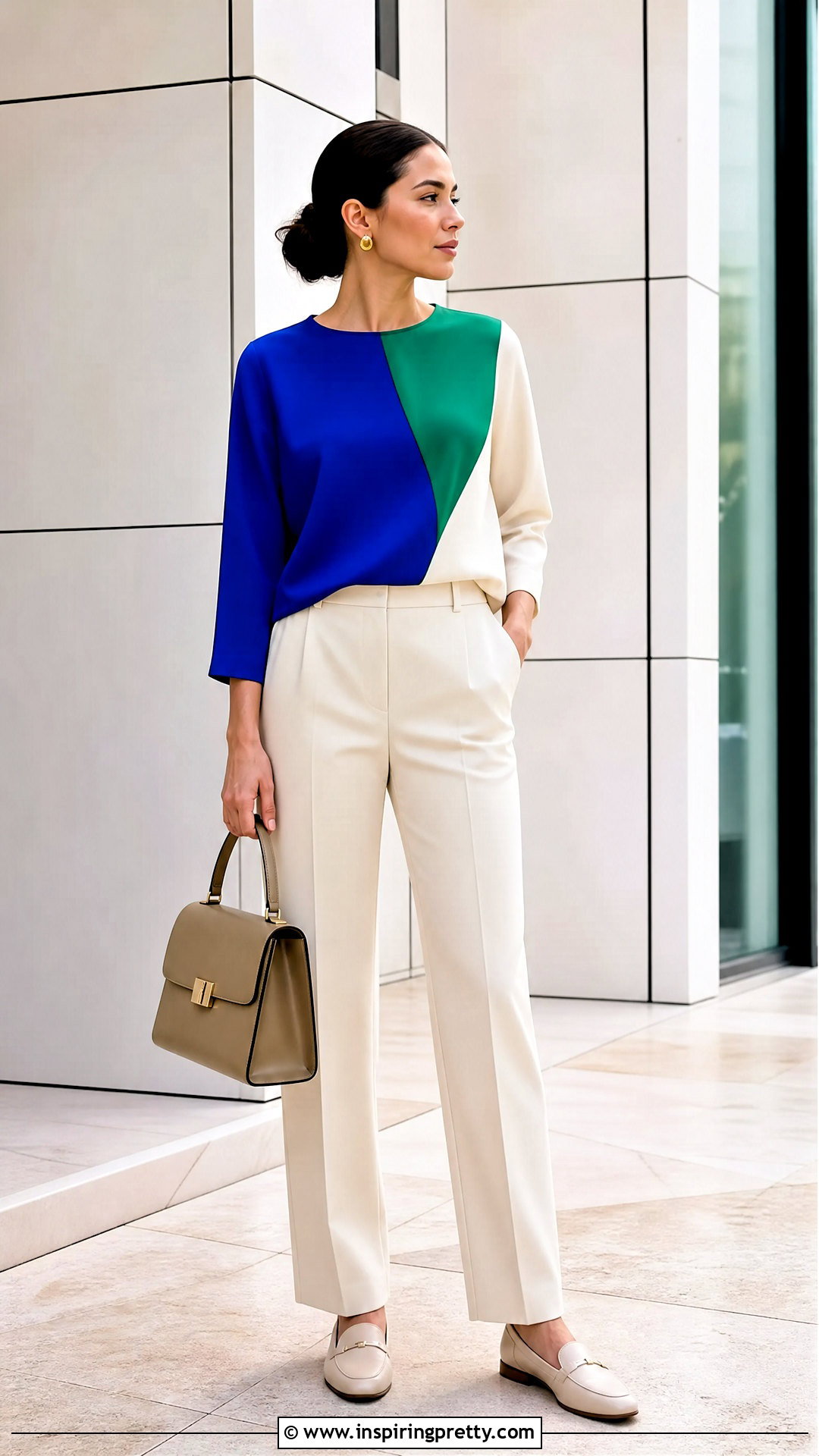 Color Block Top With Neutral Trousers - 50 new top designs for women