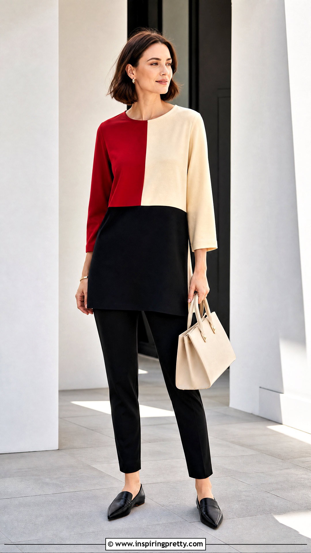 Color Block Tunic Top With Black Pants - 50 stylish tunic tops outfit ideas