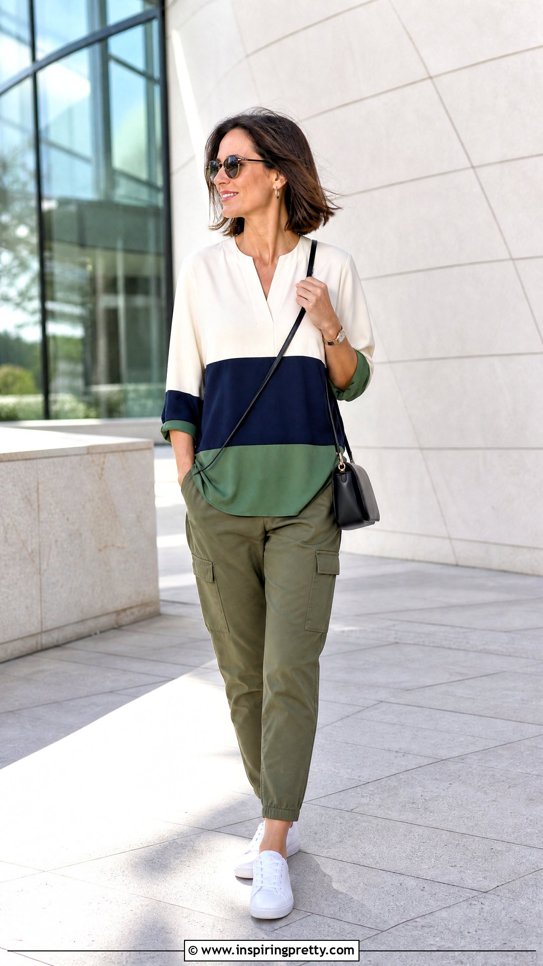 Color Block Tunic Top With Cargo Pants - 20 spring tunic tops outfit ideas