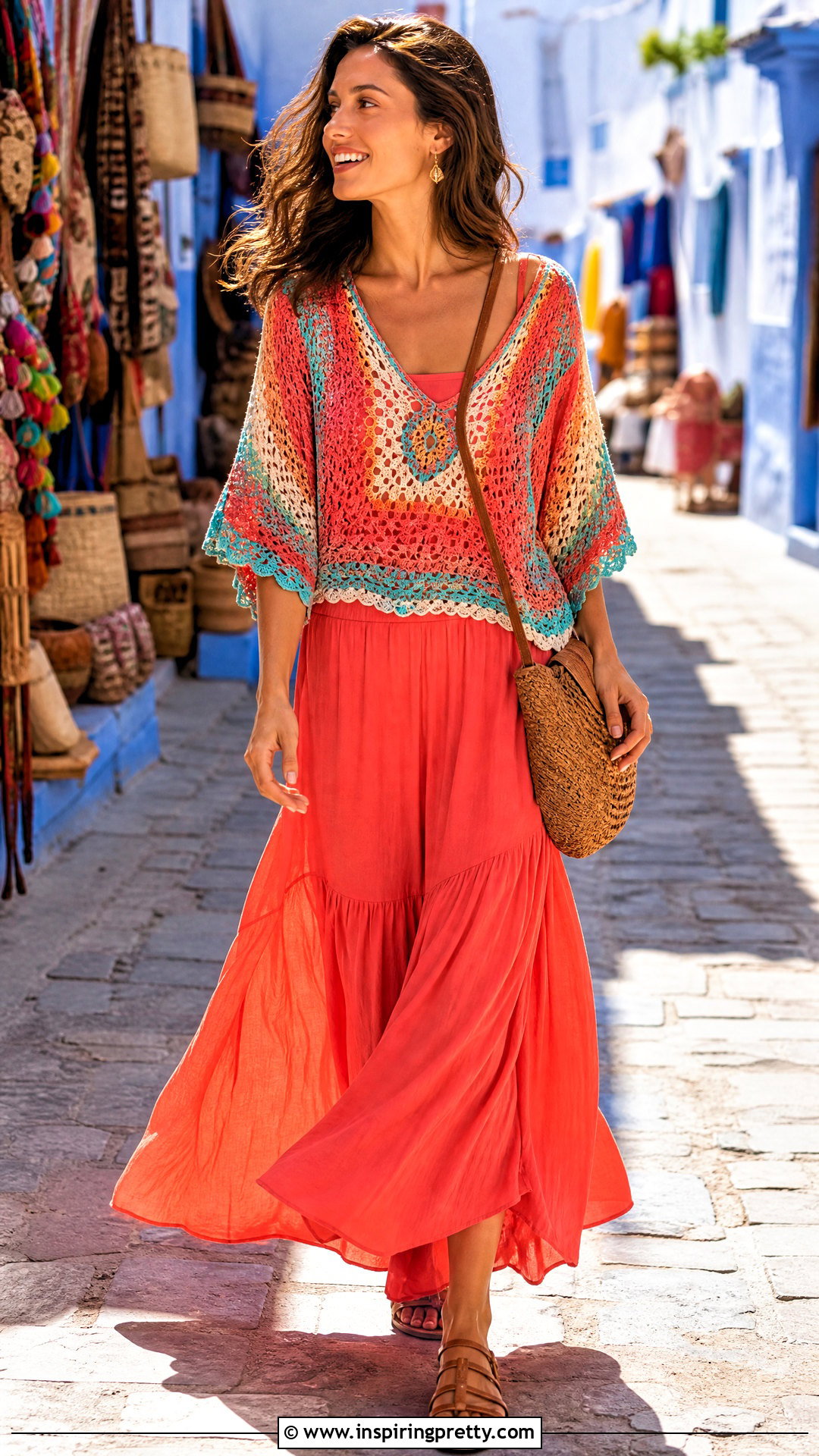 Colorful Crochet Flowy Top With Maxi Skirt - 20 crochet flowy top outfit ideas