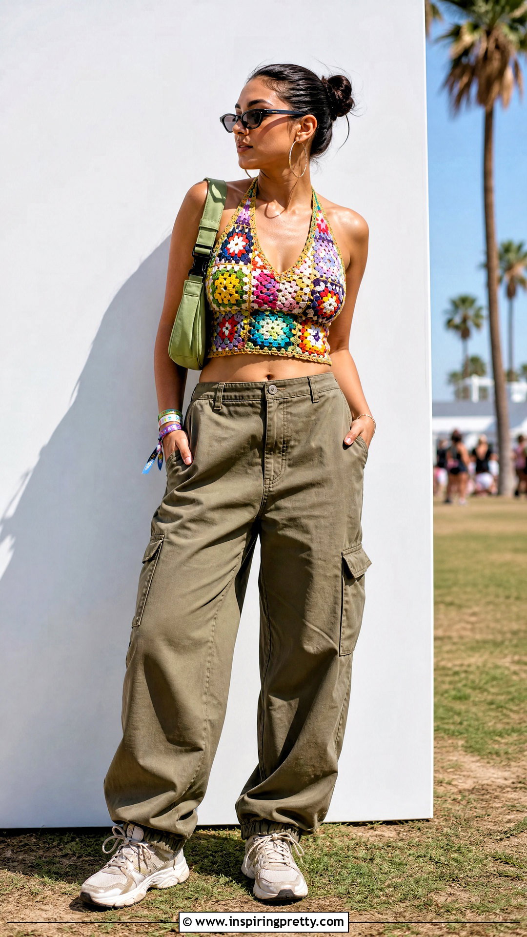 Colorful Crochet Halter Top With Cargo Pants - 50 crochet halter top outfit ideas