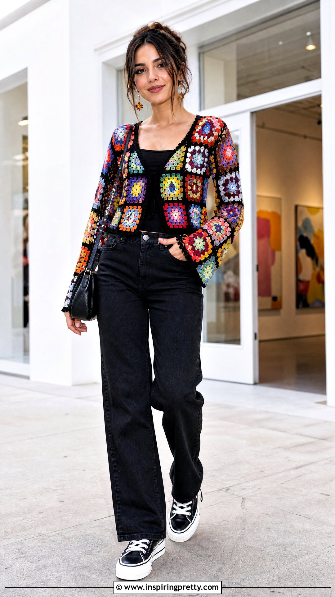 Colorful Crochet Long Sleeve Top With Black Jeans - 50 crochet long sleeve top outfit ideas
