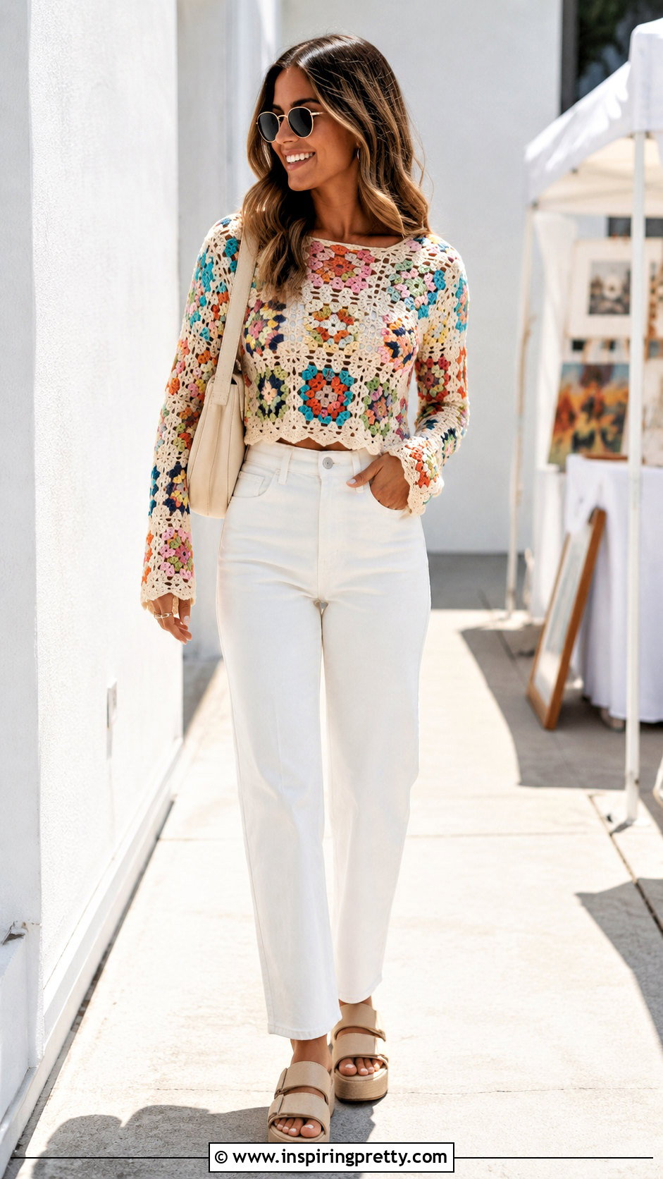 Colorful Crochet Long Sleeve Top With White Jeans - 25 Crochet Tops With Long Sleeves