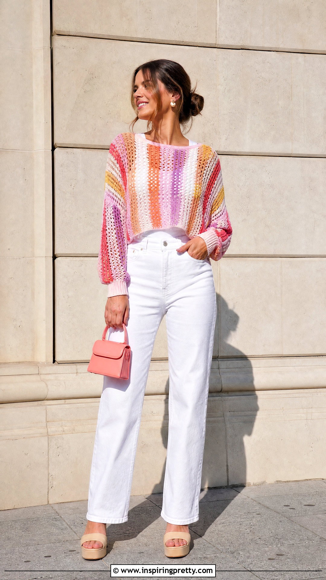 Colorful Crochet Mesh Top With White Jeans - 50 crochet mesh top outfit ideas