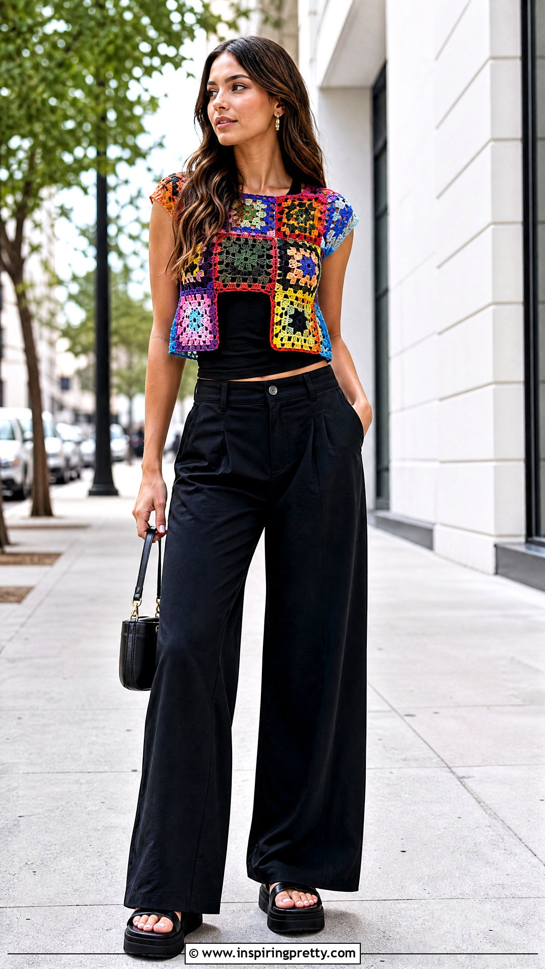 Colorful Crochet Peekaboo Top With Black Pants - 20 crochet peekaboo top outfit ideas