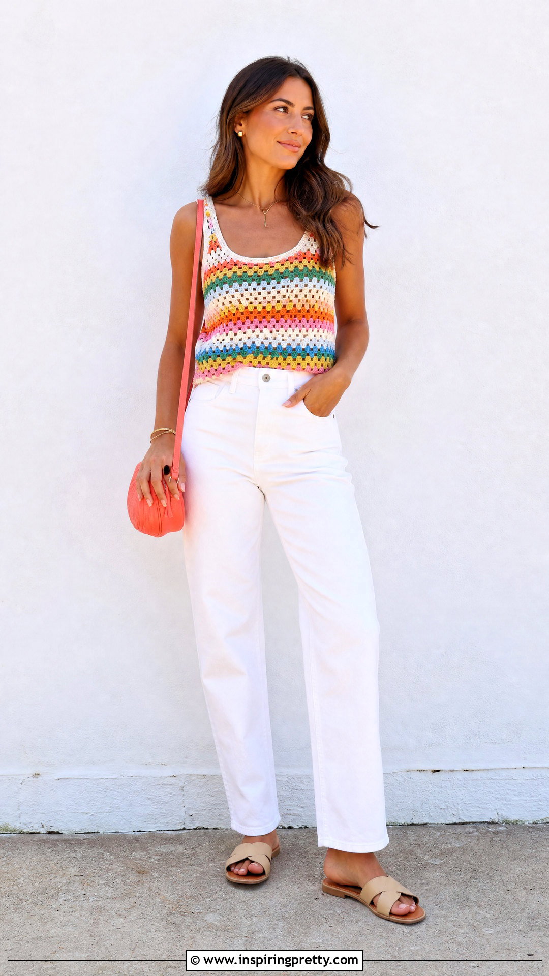 Colorful Crochet Tank Top With White Jeans - 50 crochet tank tops outfit ideas