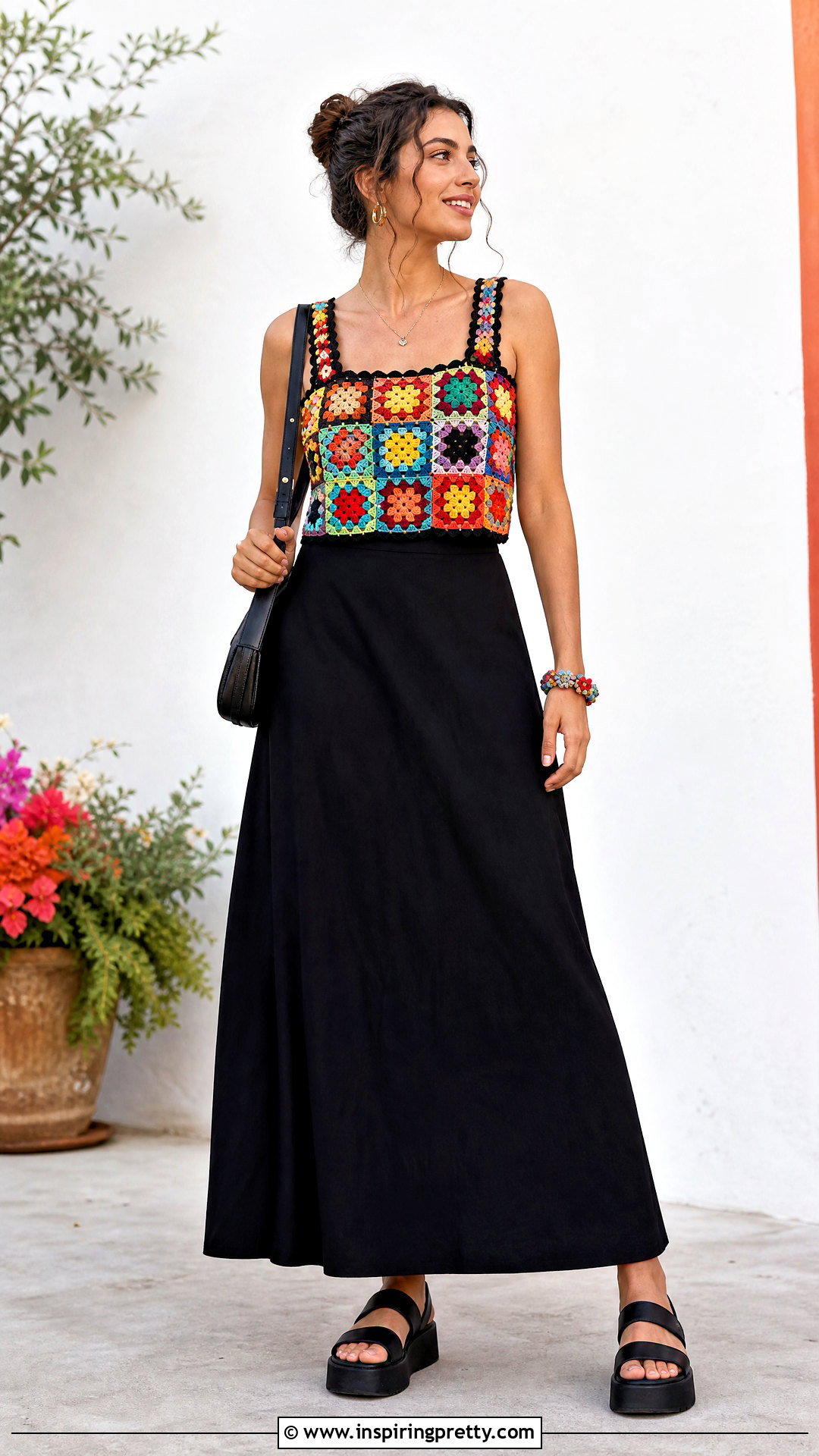 Colorful Crochet Top With Black Maxi Skirt - 50 boho crochet top outfit ideas