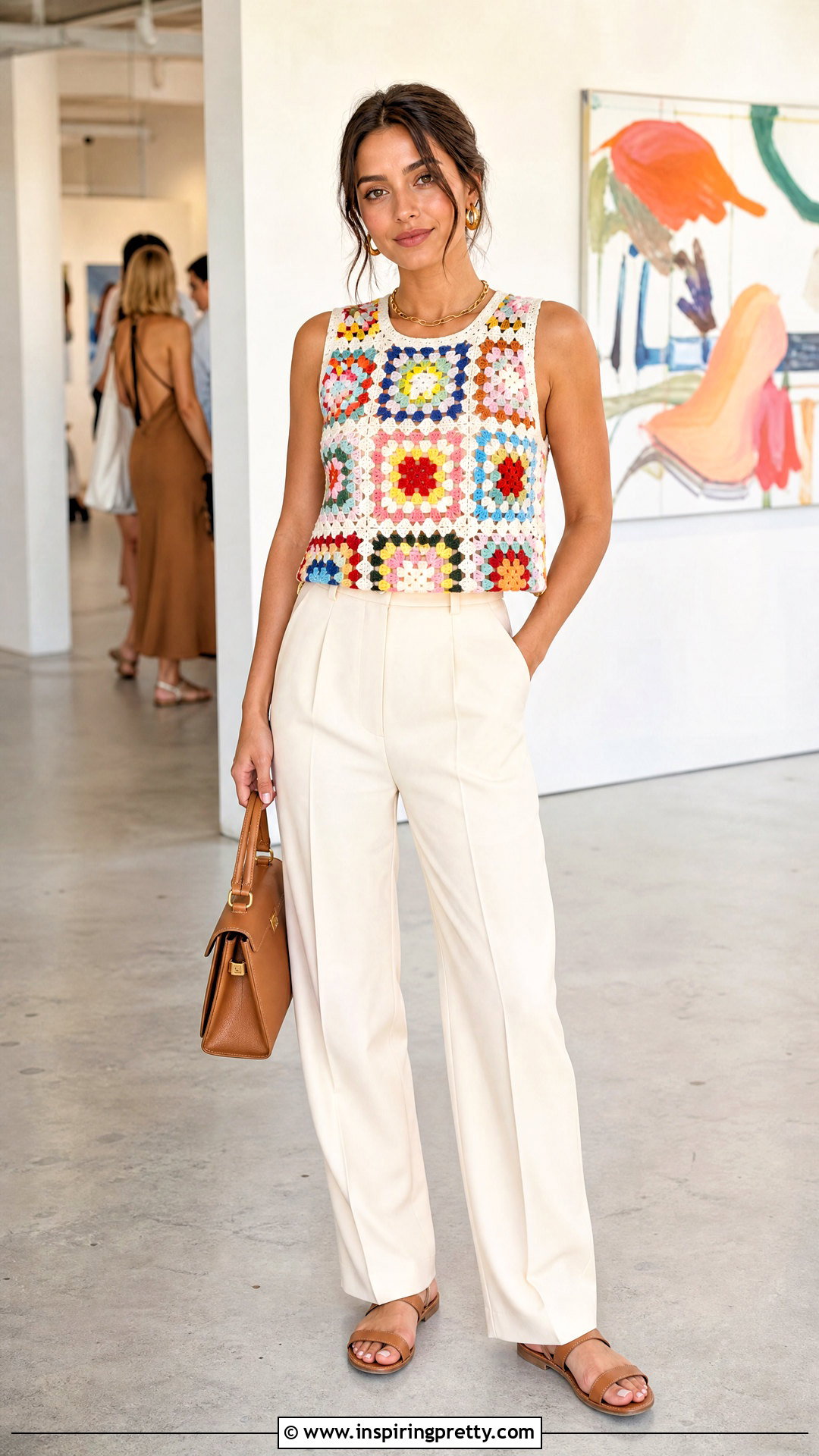 Colorful Crochet Top With Neutral Trousers - 50 crochet ladies tops outfit ideas