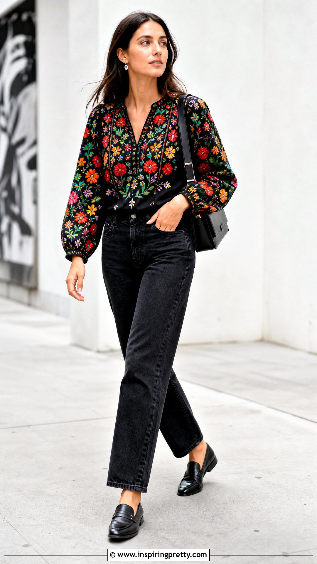 Colorful Embroidered Top With Black Jeans - 20 Fashion Inspiration For Embroidered Tops outfit ideas