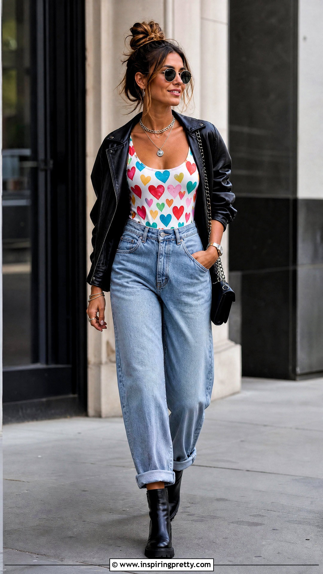 Colorful Heart Tank Top With Baggy Jeans And Leather Jacket - 20 colorful heart tank top outfit ideas